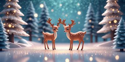 The primary subject of the image is two deer figurines, which are placed in a snowy environment. The setting includes a snow-covered ground and a few trees in the background. The visual style of the image is a digital art or illustration, with the deer figurines being the main focus. The colors and mood of the image are predominantly white and cold, as the deer are standing in the snow.